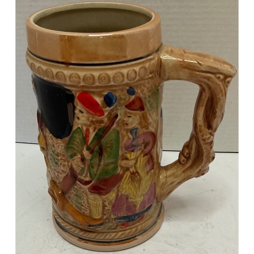 Vintage Beer Stein‎ Ceramic Hunter Scene Relief Japan 5.5in Brown